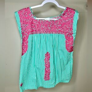 Green and White Smocked Sleeveless Blouse
